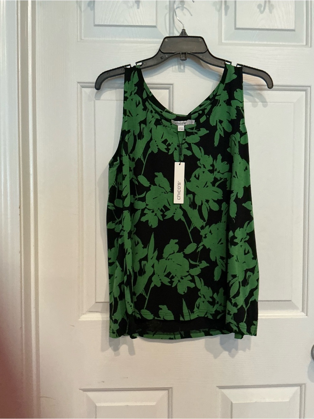 Chico's Black Tank Top with Green Floral Pattern
